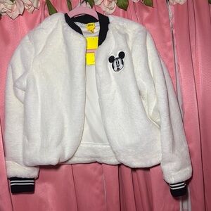 Disney white Faux Fur Jacket with Mickey Mouse Embroidery
